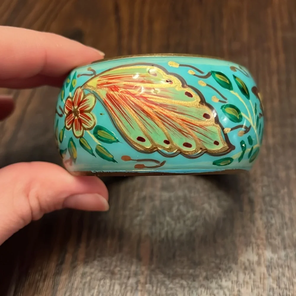 Teal and Gold Flower Bangle Bracelet - Picture 2 of 7